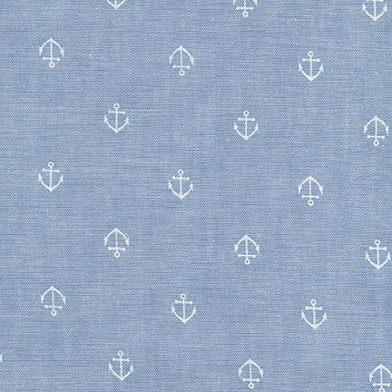 100% cotton 42" - beautiful chambray colored cotton printed with small anchors. This fabric is a yarn dye and has a small white slub to the texture.&nbsp;