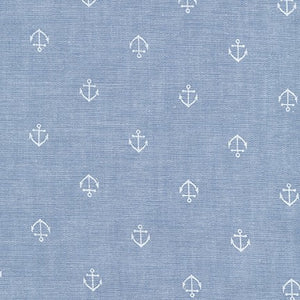 100% cotton 42" - beautiful chambray colored cotton printed with small anchors. This fabric is a yarn dye and has a small white slub to the texture.&nbsp;