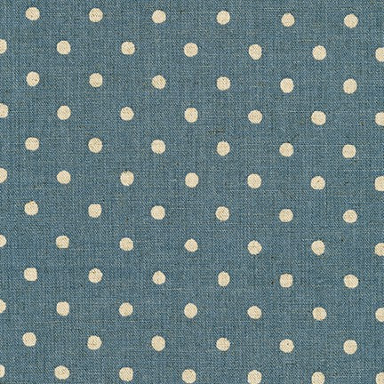 This beautiful fabric is a mix of cotton and flax. This gives it a textured hand and more natural appearance. The fabric is a blue background with white polka dots all over. This fabric would be great for bags, clothing, pillows, etc. 