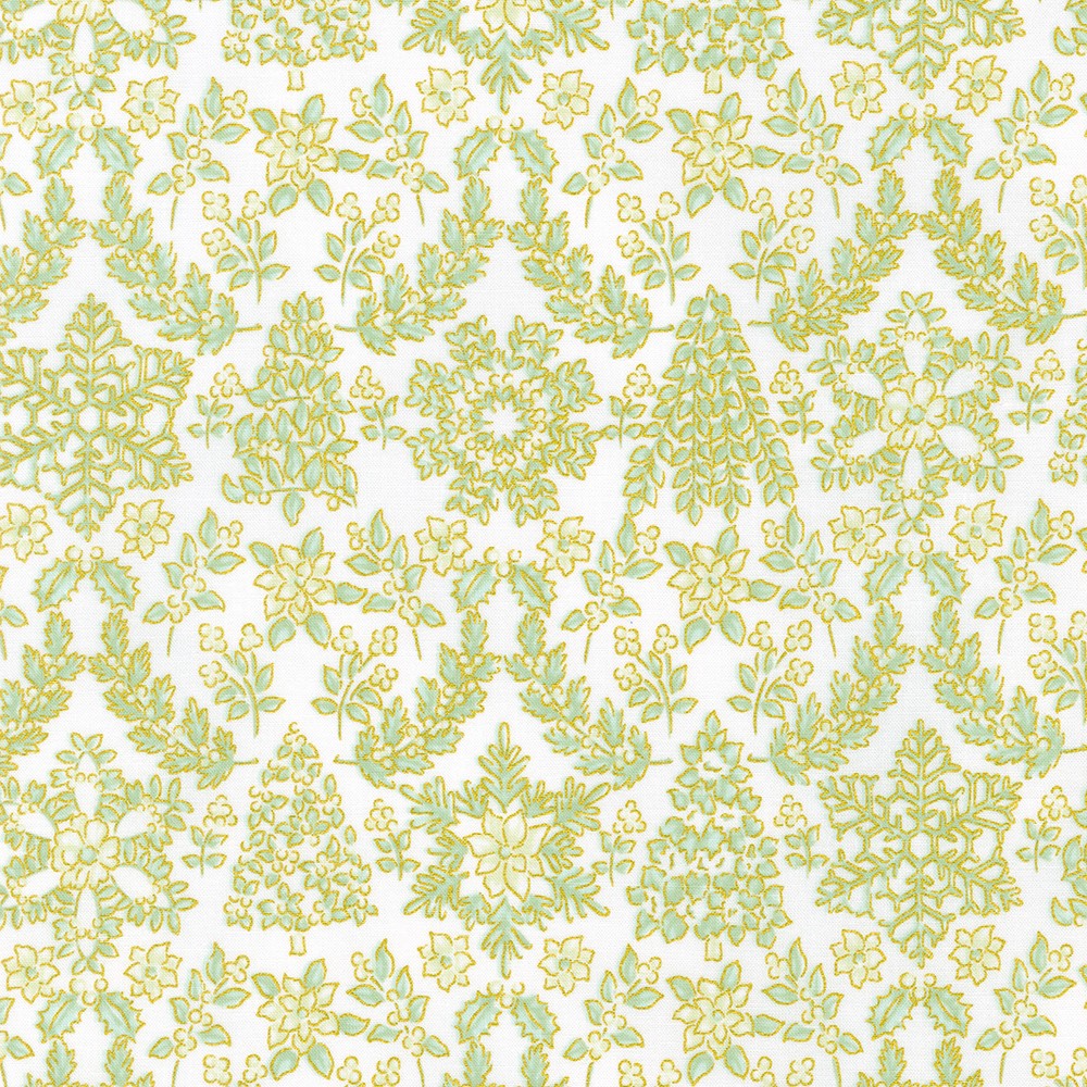 This fabric is a holiday fabric and is covered in sage green and gold snowflakes, greenery and flowers. 100% Cotton, 43/44in