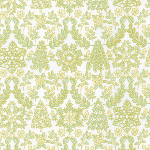 This fabric is a holiday fabric and is covered in sage green and gold snowflakes, greenery and flowers. 100% Cotton, 43/44in