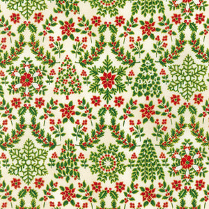 This fabric is a holiday fabric and is covered in greenery with bright red berries and holly flowers. Bright white background. This fabric has a repeat and is directional.  100% Cotton, 43/44in