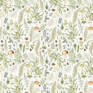 From Dear Stella, this fabric is covered in greenery and mushrooms with little snails and moths floating around. Light minty and sage green leaves over a bright white background. 