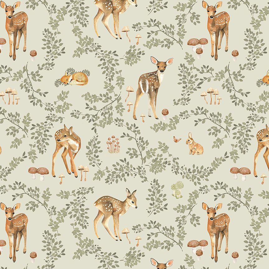 From Dear Stella, This fabric is covered in baby deer, foxes, bunnies and mushrooms. Light minty green background with greenery surrounding the animals. 