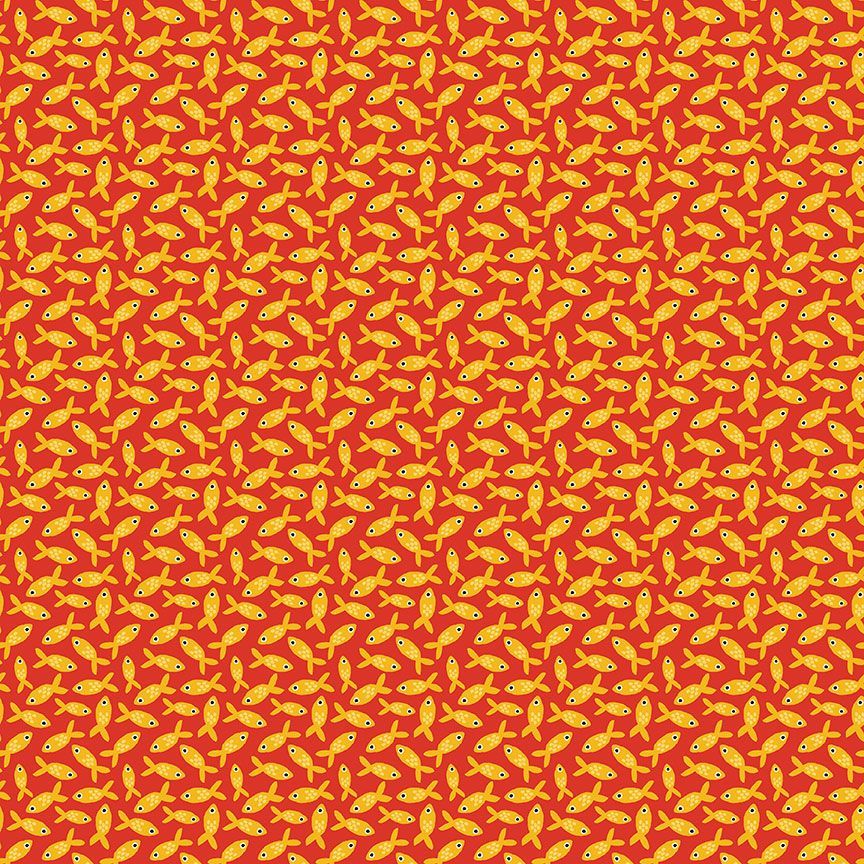 From Dear Stella, this fabric is too cute! Covered in tiny little goldfish over a bright red background. 