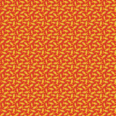 From Dear Stella, this fabric is too cute! Covered in tiny little goldfish over a bright red background. 