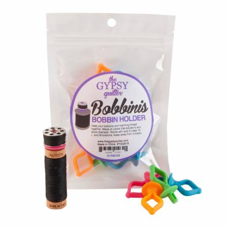 Keep your bobbins and matching thread together with the Bobbinis bobbin holder. Made of rubber that adjusts to most any spool diameter. Works with type A-class 15, L, and M type bobbins. 12 pieces per package.