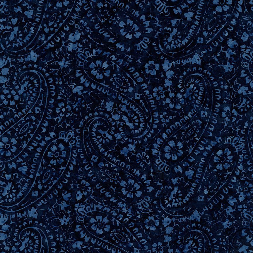 This batik is blue with blue paisleys. Beautiful navy and indigo colors. 100% Cotton, 44/5"