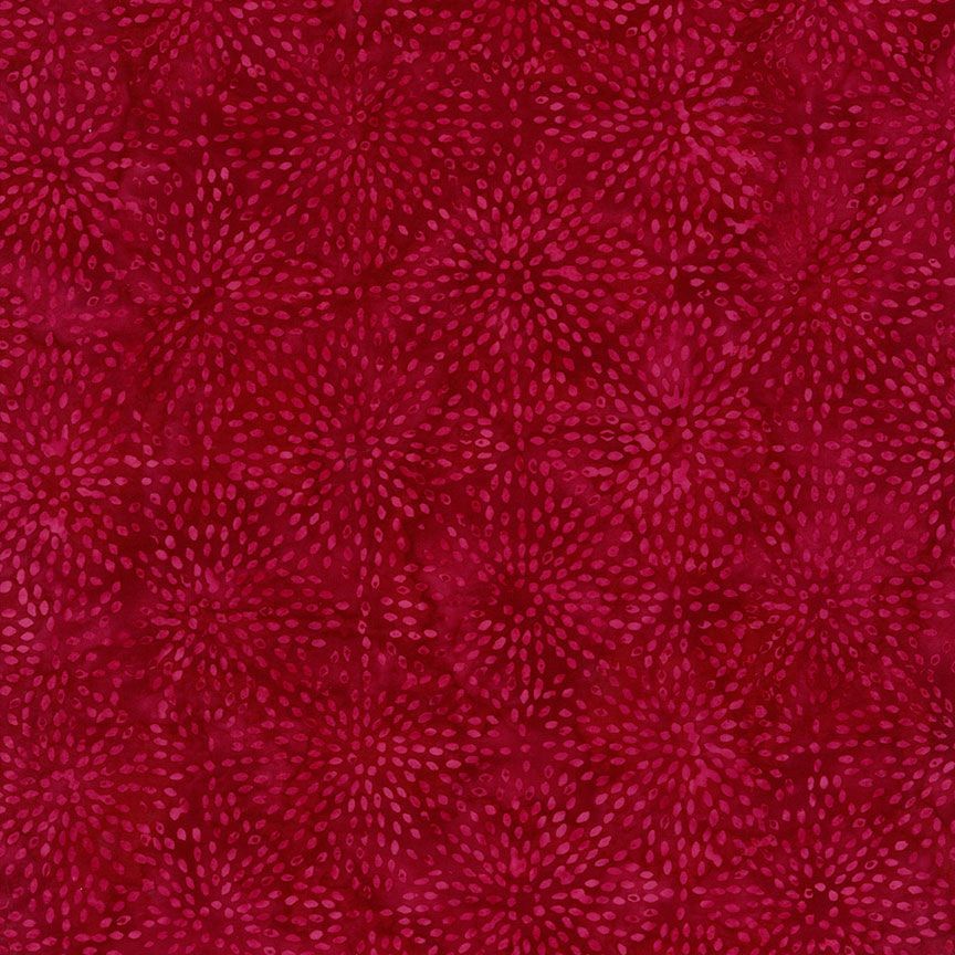 This batik is bright red with small dots that look like fireworks all over the fabric. 100% Cotton, 44/5"