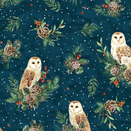 From Hoffman Fabrics, this fabric is navy blue with berry branches, pinecones and owls. 100% cotton, 44"