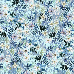 This fabric is from Clothworks designed by Sue Zipkin for the Blue Meadow Collection. This fabric is a wildflower toss on a light blue background. 