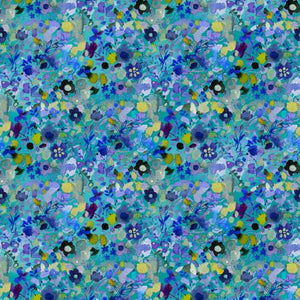 This fabric is from Clothworks designed by Sue Zipkin for the Blue Meadow Collection. This fabric is an abstract floral toss on a bright blue background. Hints of greens, purples, yellow and blues. 