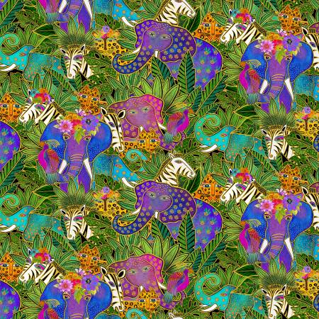 A menagerie of brightly-colored animals with gold accents hide among large jungle foliage. From the Earth Song Collection&nbsp;by Laurel Burch for Clothworks. 100% Cotton, 44/45" wide.