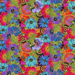 This fabric is from Clothworks and is covered in bright florals with gold accents. This fabric shimmers in the light! 2 other coordinating fabrics go with this collection. Designed by Laurel Burch for Earth Song Collection. 