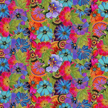 This fabric is from Clothworks and is covered in bright florals with gold accents. This fabric shimmers in the light! 2 other coordinating fabrics go with this collection. Designed by Laurel Burch for Earth Song Collection. 