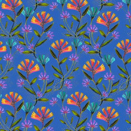 This fabric is from Clothworks and is covered in orange and pink flowers over a royal blue background with gold accents. This fabric shimmers in the light! 2 other coordinating fabrics go with this collection. Designed by Laurel Burch for Earth Song Collection. 