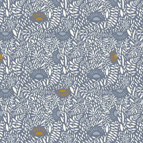 This fabric is covered in white dashes and suns. Hint of gold metallic on top. Denim blue background color.&nbsp;