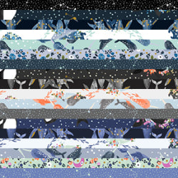 Fabrics from the Cosmic Sea Collection by Jessica Zhao for Cotton &amp; Steel. Narwhal, whale, sea turtle, rays, galaxy and floral patterns with delicate metallic highlights.&nbsp; The colors are blues, greys and pops of coral, purple and white.&nbsp; 100% cotton, 5"x5", 42pcs. per pack