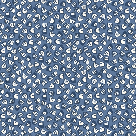 This fabric is covered in white semicircles over a denim blue background with navy blue accents. From the collection Gathering In The Garden.