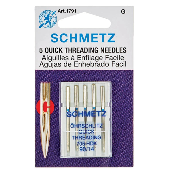 5 Pack - 90/14 ballpoint needle for all woven and knitted fabrics. Designed to prevent shredding and breakage when sewing with metallic and other machine embroidery threads.Each package of SCHMETZ needles has European and U.S. size equivalents written at the very bottom of the front of the plastic case. Typically they range from 60/8 (the finest) to 120/19 (the largest).