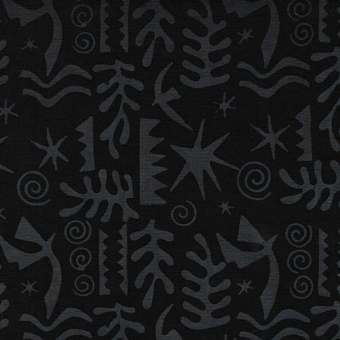 This abstract black cotton is a great substitute to plain black. Tribal and ocean inspired shapes cover this fabric. The shapes are a dark stone grey on a black background.   - 100% cotton 