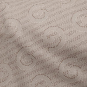  This beautiful cotton fabric is made in Japan. Super soft hand and lightweight feel, this fabric has beige swirls outlined with white and tan dots on top of a beige background. This tan color has a little bit of a green tint to it. Beautiful fabric for clothing or quilting.