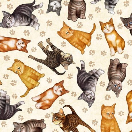 A purr-fect collection to create a themed quilt in honor of your favorite feline or your favorite cat lover. Warm browns, tan, black, and a hint of blue provide a warm and cozy feeling. Cat patch squares, decorative stripe, cat tosses, and paw prints provide sew many options for unique projects. Meow meow! ©Dan Morris