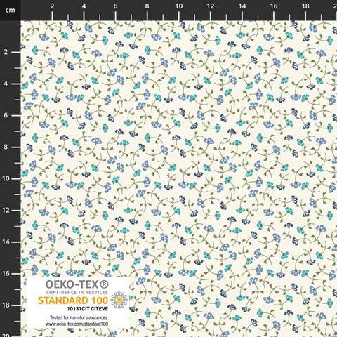 This fabric is covered in little blue and teal flowers with a bunch of green leaves and vines over a white background. From the Ditsy Garden Collection for Stof. 100% Cotton, 44/45" wide.