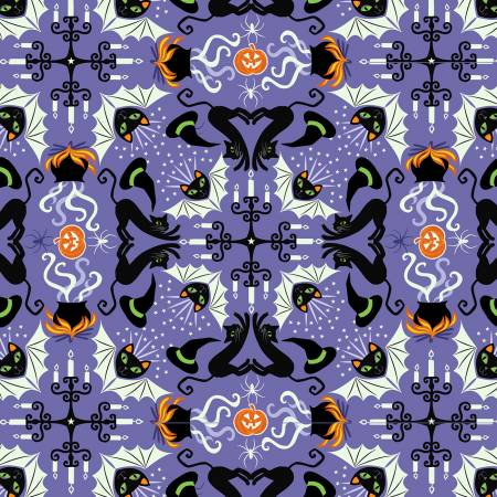 This Halloween fabric has a kaleidoscope effect to it. Full of candelabras, black cats, bats, hats and spooky cauldrons! Lovely purple background compliments the greens and oranges. 