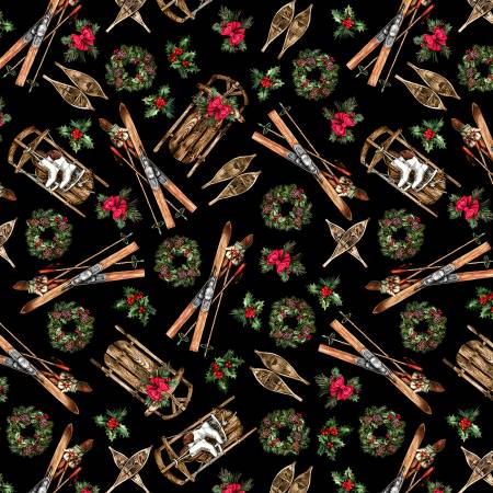 This fabric features skis, snowshoes and wreaths on a black background with greenery. This fabric is perfect for winter-time sewing projects. Table runners, placemats, stockings, decorations, quilting, etc! Timeless Treasures Collection 100% Cotton, 44/5".