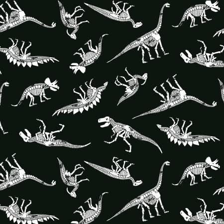 White, glow-in-the-dark dinosaur skeletons tossed on a black background - From the Dinosaurs Collection by Timeless Treasures. 100% Cotton, 44/45" wide.