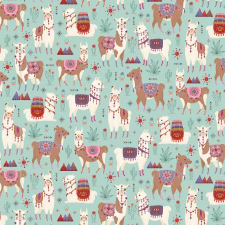 Llamas of various colors hang out on a light blue background. Cactus and other plants fill the background of these festive furry friends.&nbsp;From the Llama Love collection by Janna Krupinksi for Michael Miller. 100% Cotton, 44/45" wide.