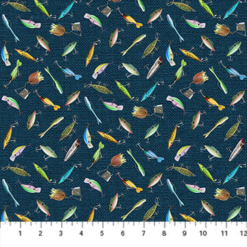 Created by the Northcott Studio, Hooked collection incorporates fishing as well as bright colors to create a fabric that can coordinate with different fabrics and colors. Lures print is covered in bright creative lures in a toss over a navy background. The navy background has the appearance of a larger woven texture, but is just an illusion since it has the hand of a normal quilting cotton.   100% cotton   43"/44"