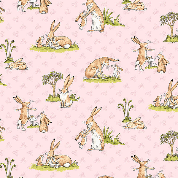 Guess How Much I Love You, Storybook fabric in pink and blue. This precious fabric is covered in bunnies from the famous book. Beautiful light blue and light pink, with a very soft hand. 100% Cotton, 44/5"