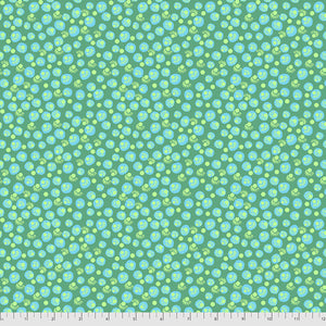 Light green eyes with eyelashes and light blue bubbles fill a jade green background. From the Bright Eyes collection by Anna Maria for Freespirit Fabrics. 100% Cotton, 44/45" wide.