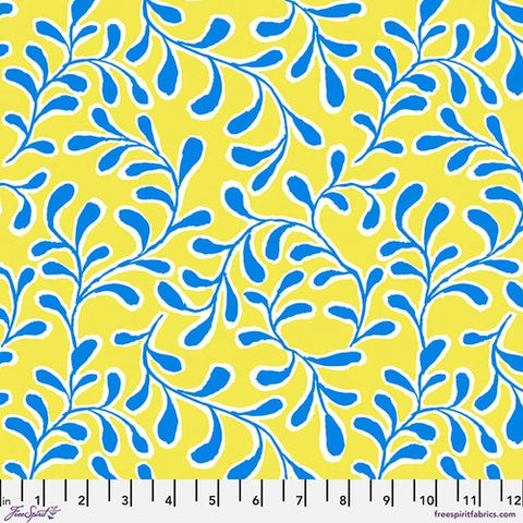 This bright fabric is from Kaffe Fasset for FreeSpirit Fabrics. Consists of bright yellow background with bright blue leafy vines outlined in white. 