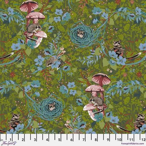 Tiny Beasts collection by Odile Bailloeul for Free Spirit Fabrics. These brilliant and bright fabrics have little animals hidden throughout each one. This "Masked Bandits" fabric is covered in mushrooms and mice! Teals, dark greens, light greens, reds and blush all make up this gorgeous rich fabric. Find the animals!