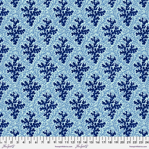 White background with dark blue coral and light blue coral. This is a repetitive fabric that is also directional. This would make a gorgeous pillow or quilt backing!