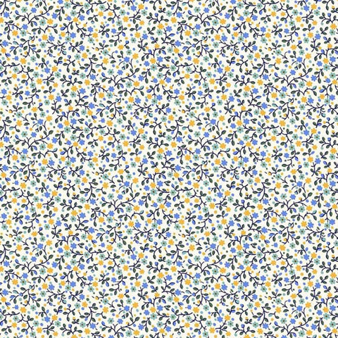 Tiny blue and yellow flowers on an ivory ground.  100% Cotton, 44/5"